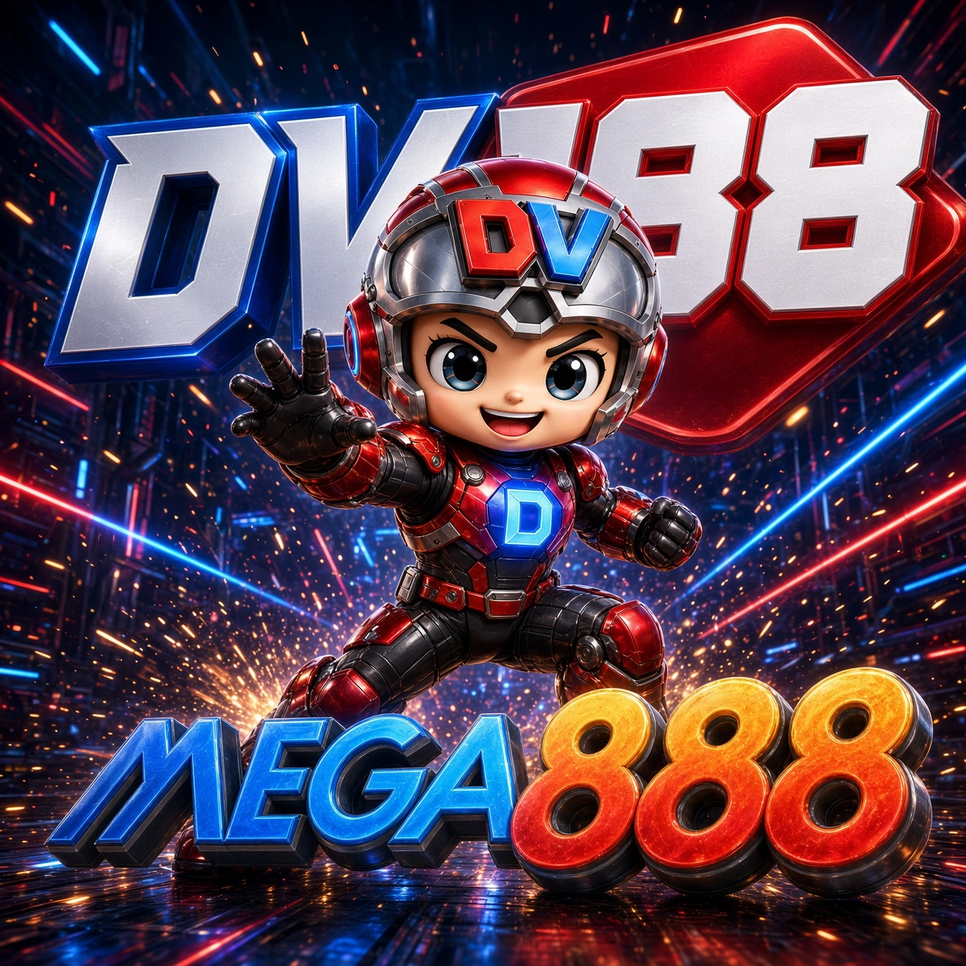 Mega888 and DV188 artwork featuring a red-armoured mascot against a neon city